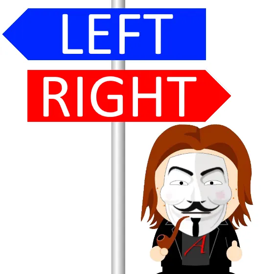 Me standing below a signpost with blue left and red right arrow signs.